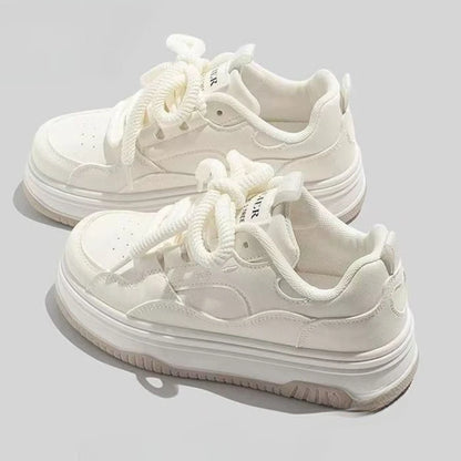 Round toe Lace-up White Thick-soled Vulcanized Flat-soled Sneakers