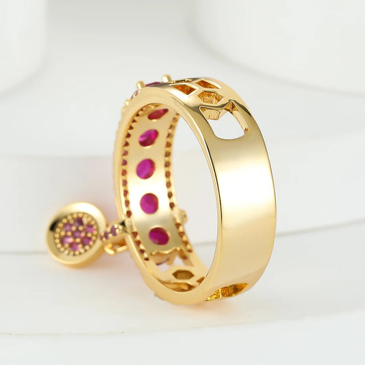 Luxury Rose Red Stone Pink Zircon Round Dangle Ring