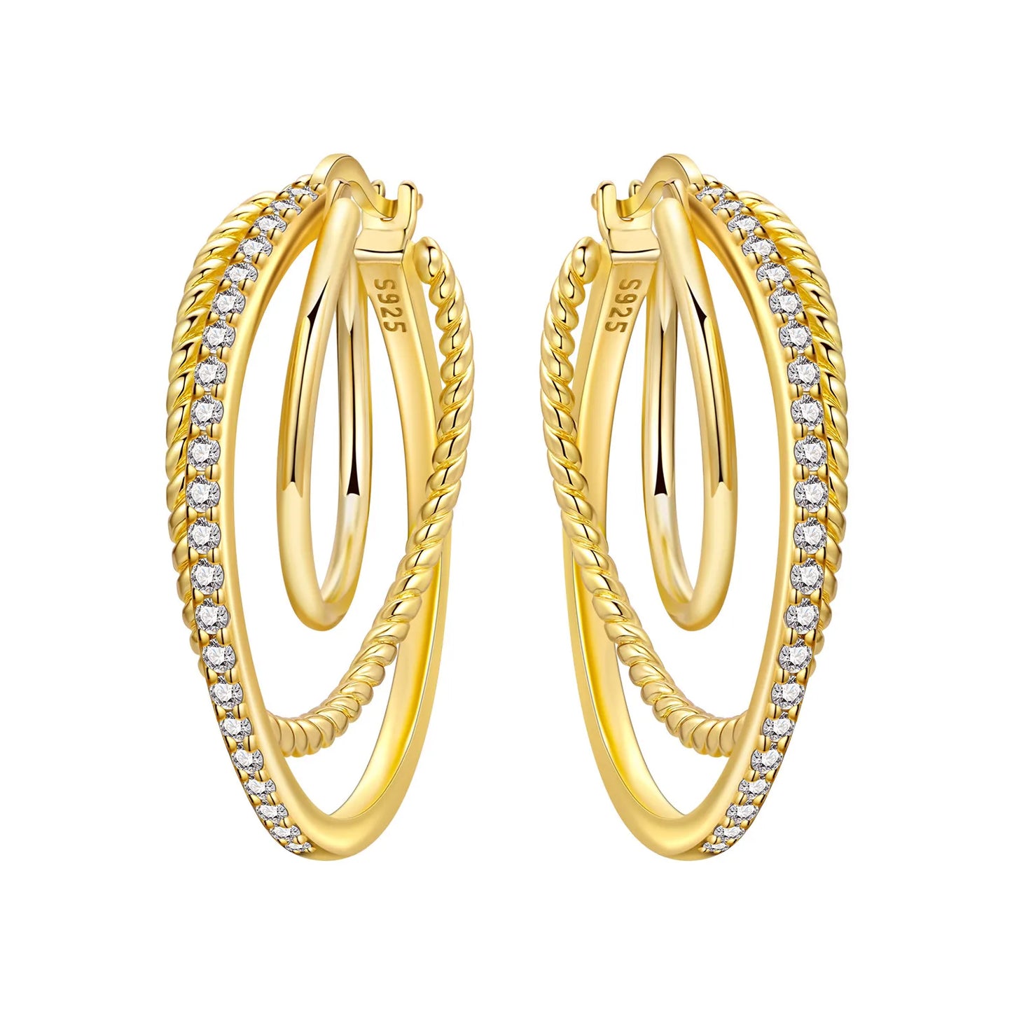 S925 Sterling Silver Zircon 18K Gold Lining Vintage Hoop Earrings