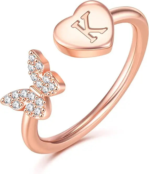 Butterfly diamond custom letter rose gold ring