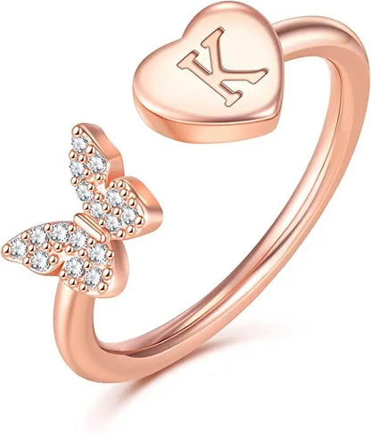 Butterfly diamond custom letter rose gold ring