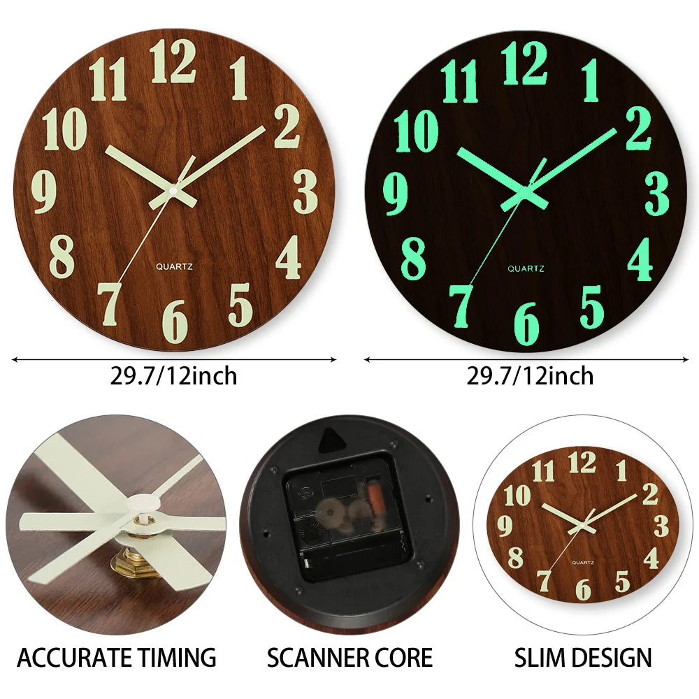 12 Inch Luminous Wall Clock Wood Silent light in dark