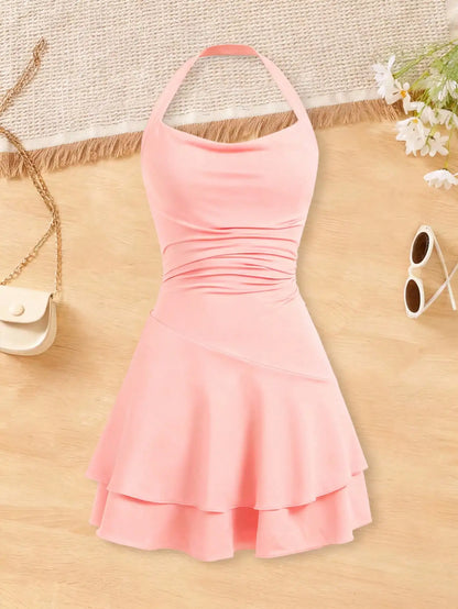 Cinching and slimming effect backless cross tie dress