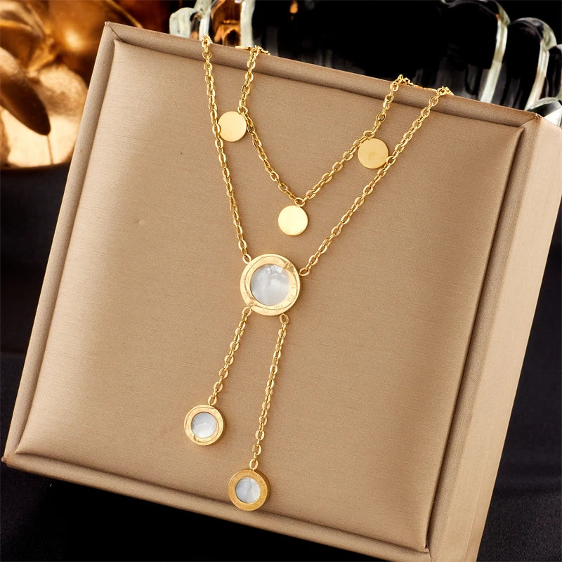 Stainless Steel Round Roman Dial Long Necklace