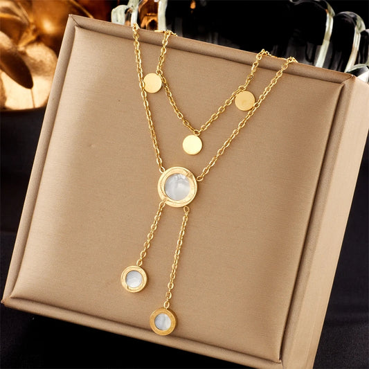 Stainless Steel Round Roman Dial Long Necklace