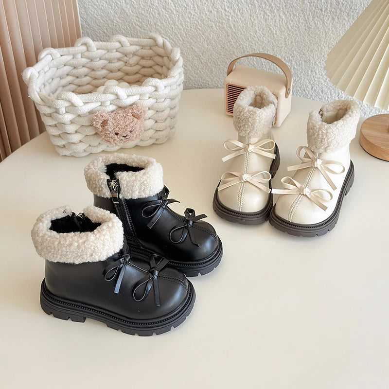 Round Toe Cute Bow Zipper Short Warm Snow Boots