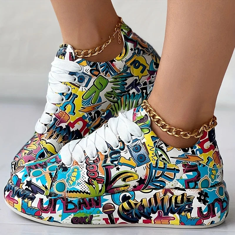 Graffiti Print  Low-top Platform Skateboard Sneakers