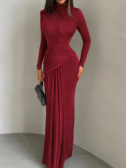 Folds Maxi Full Sleeve Elegant Skinny Dress