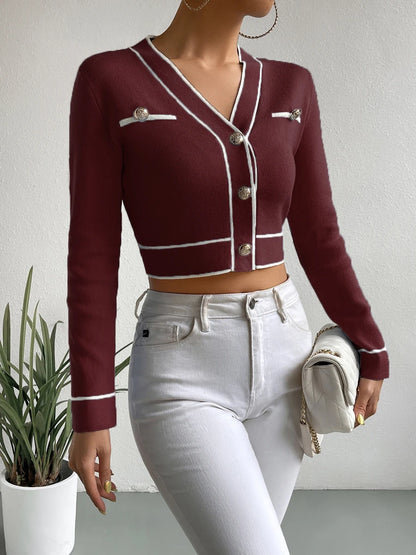 V Neck Button Front Striped  Sweater