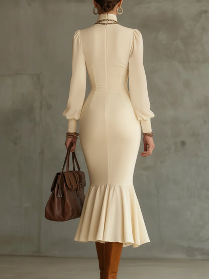 Turtleneck Cutout V Neck Long Sleeve Midi Bodycon Mermaid Elegant Dress