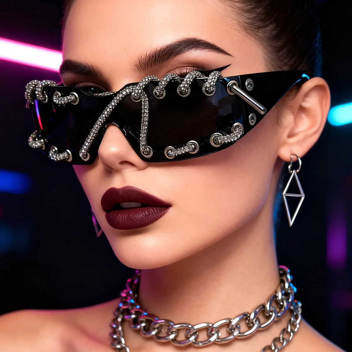 Punk Y2k Frameless Crystal Chain One-piece Bling Sunglasses