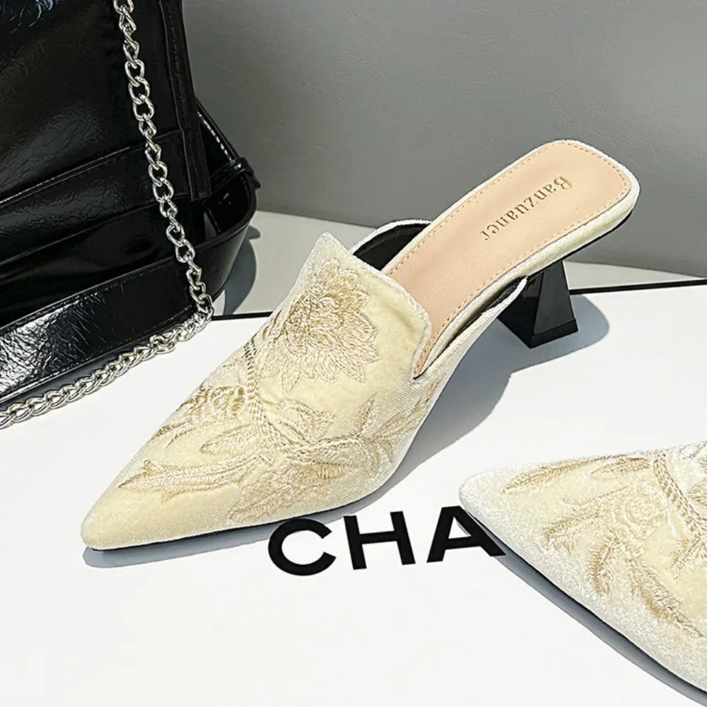 Elegant Velvet Mule Heels Pointed Toe Cone Heel Shoes