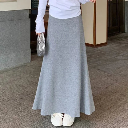 Gray Knitted Hip Wrap High Waist Fish Tail Midi Skirts