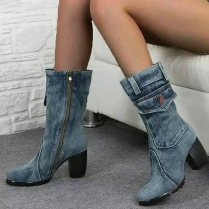 Cowboy Pointed Denim Casual Temperament High Heels Boots