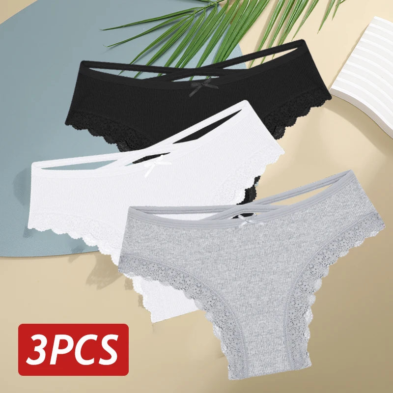 3PCS/Set Cotton Sexy Low Rise Lace Brazilian Panties S-XL