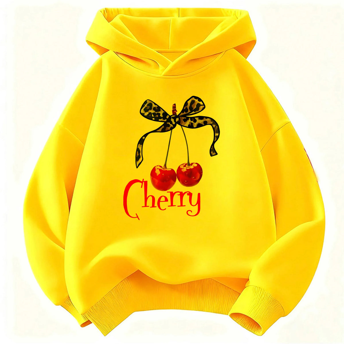 Leopard Bow with Cherry Print Hoodie Sweatshirt Y2k Hoody