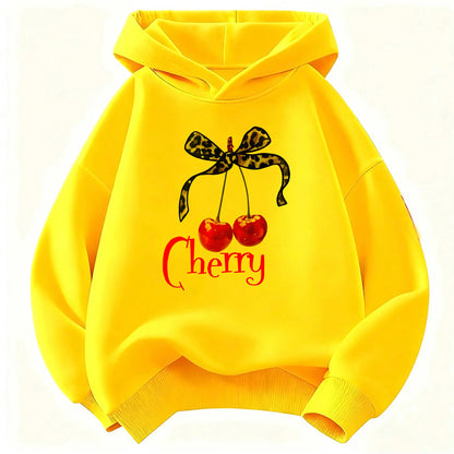 Leopard Bow with Cherry Print Hoodie Sweatshirt Y2k Hoody