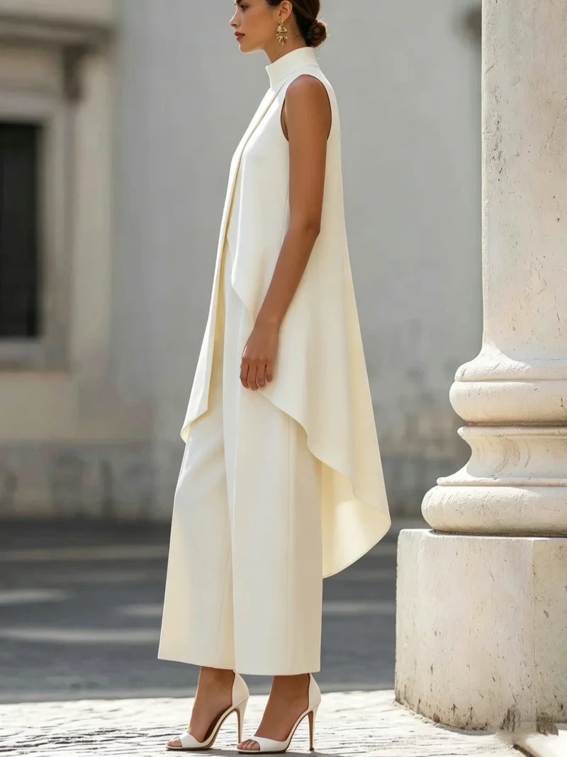 Sleeveless High Neck Jumpsuit With Asymmetric Draped Overlay Wide Leg