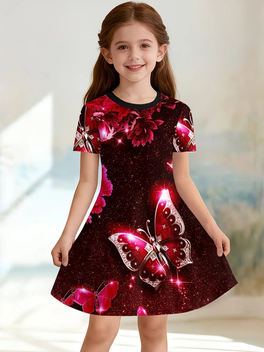 Beautiful Butterfly Printed Short Sleeve Dress