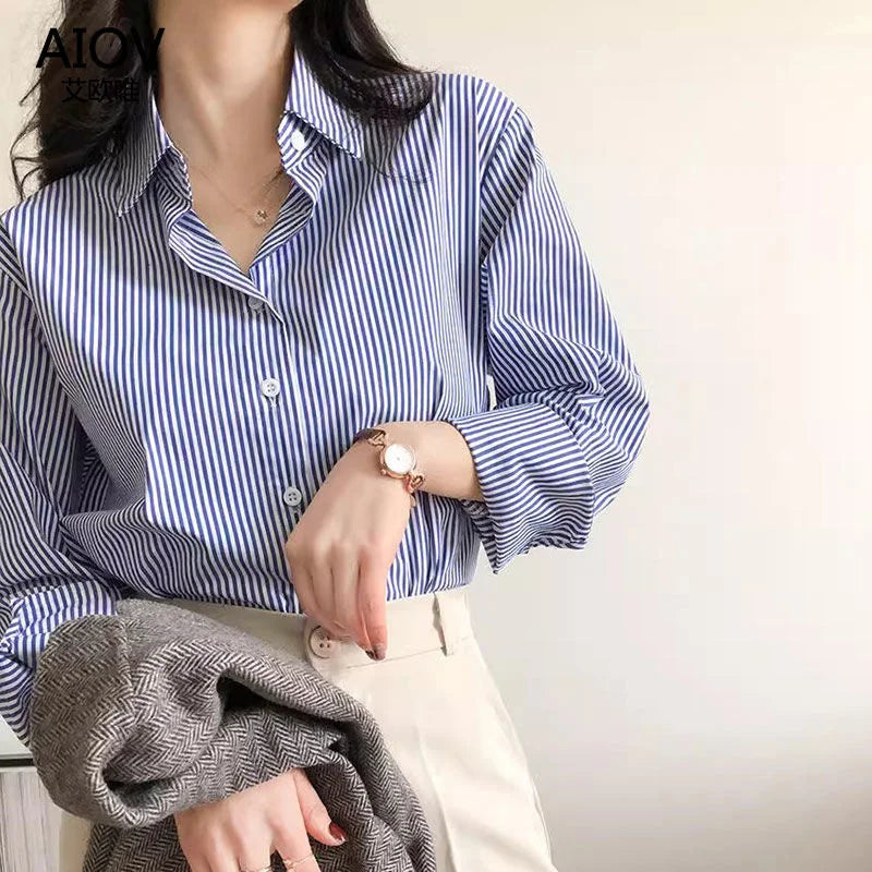 Classic Striped Long Lantern Sleeve Blouse Shirt