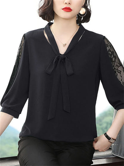 Bow Tie Colloar Half Lace Sleeve Loose Blouses