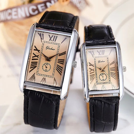 Couple Luxury Rectangle Dial Quartz Leather Band Casual Wristwatch