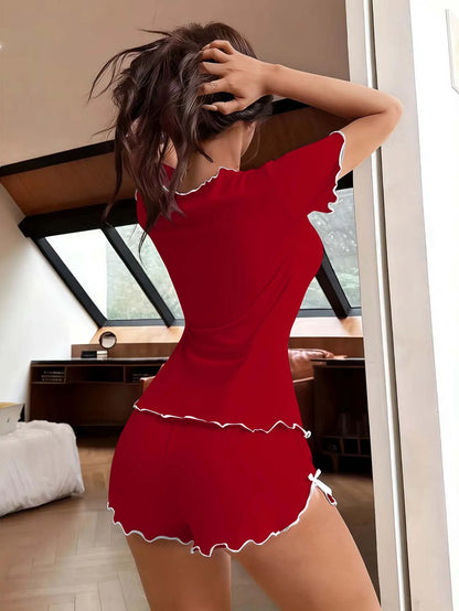 Bow Short Sleeve Top And Shorts Sleepwear Set