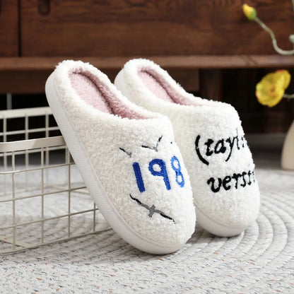Music Idol 1989 Taylor Letter Stuffed Home Thick Sole Plaid Fur Cotton Slippers