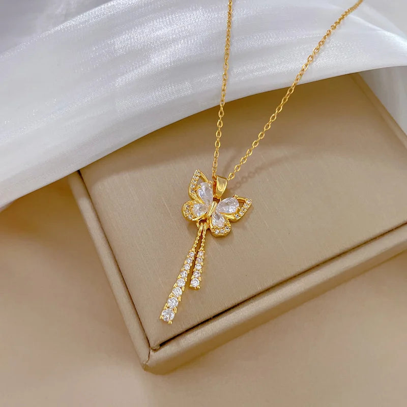 Zircon Butterfly Tassel Necklace Flower Choker Jewelry