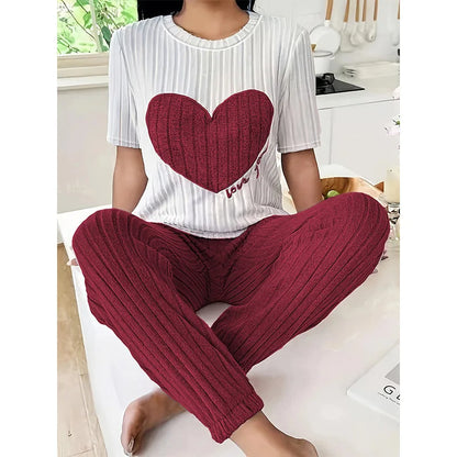 Heart Print Round Neck Short Sleeve Pyjama set