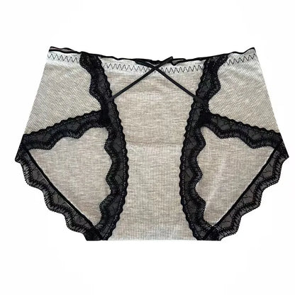 Lace Waist Boxer Panties Mixed Print Scalloped Edge Briefs Silky Fabric Underwear