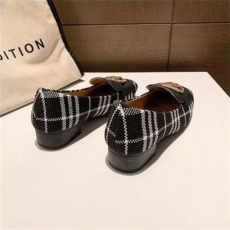 Square Toe Low Heel Hong Kong Style Metal Rhinestone Buckle Flats