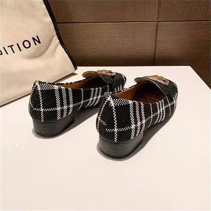 Square Toe Low Heel Hong Kong Style Metal Rhinestone Buckle Flats
