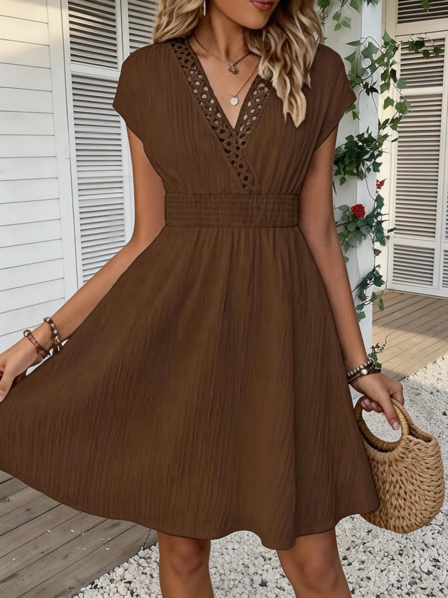 French Lace V-neck Fitted Short Puff Sleeves Dress