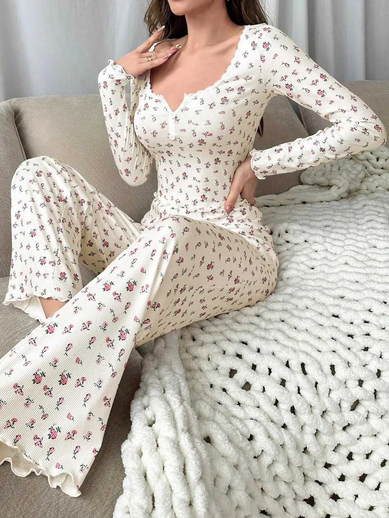 Sleepwear Floral Print Lettuce Long Pant Pyjamas Set