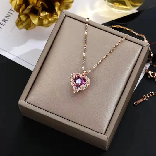 Colorful Crystal Ocean Heart Pendant Necklace Jewelry
