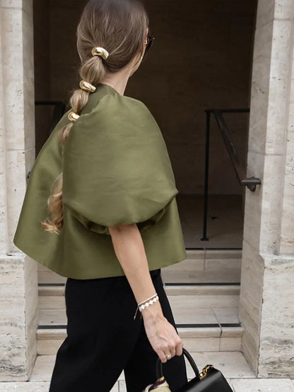 Satin Bubble Sleeves Round Neck Loose Shirt