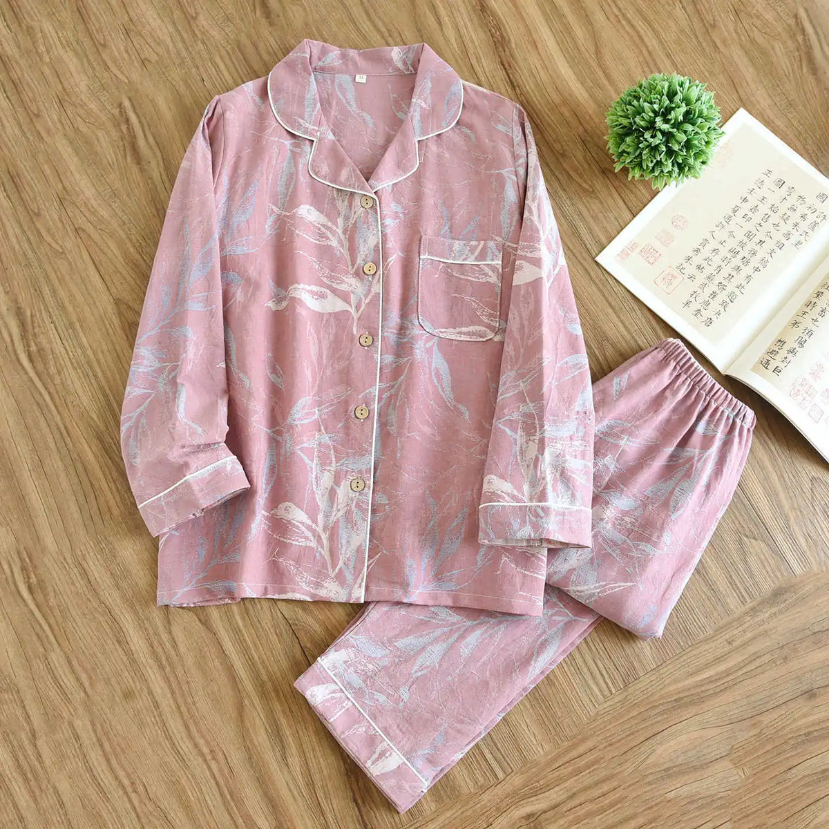 Suit Long-sleeved Trousers 100% Cotton Crepe Flower Leaves Pajama Sets