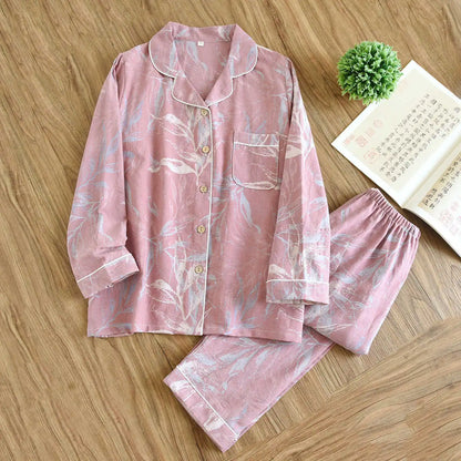 Suit Long-sleeved Trousers 100% Cotton Crepe Flower Leaves Pajama Sets