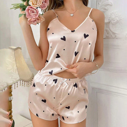 Heart Print Satin Sexy V Neck Pyjama set