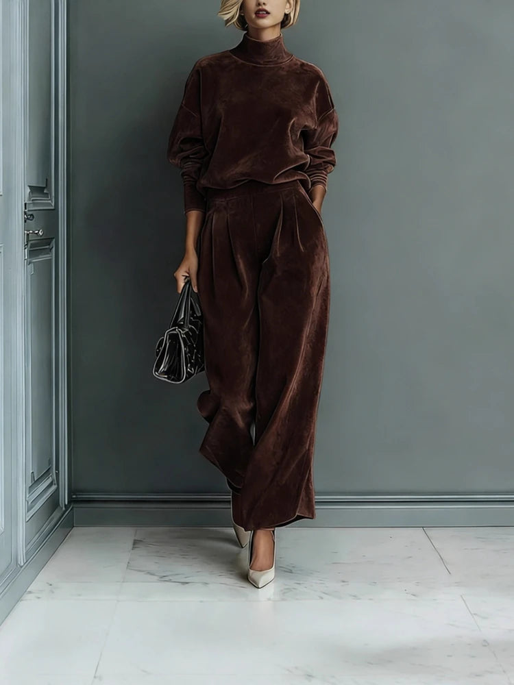 High Collar Gold Velvet Long Sleeve Casual Sports Wide Leg Set