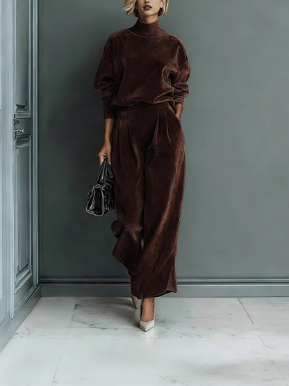 High Collar Gold Velvet Long Sleeve Casual Sports Wide Leg Set