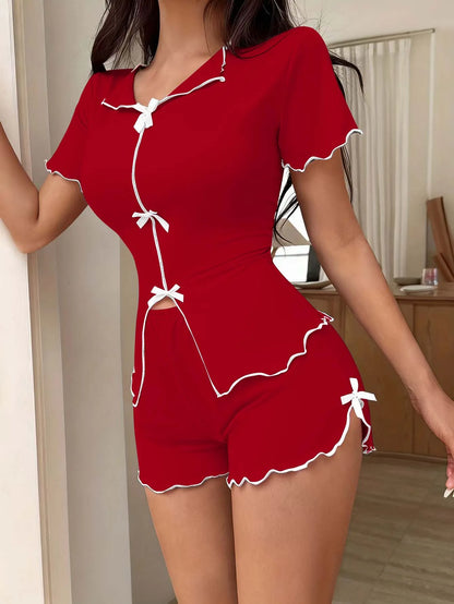 Bow Short Sleeve Top And Shorts Sleepwear Pajamas Set