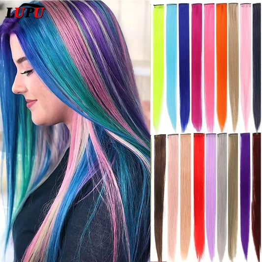 Colored Highlight 22 Inch Synthetic Hair Extensions Rainbow Long Straight Hairpieces