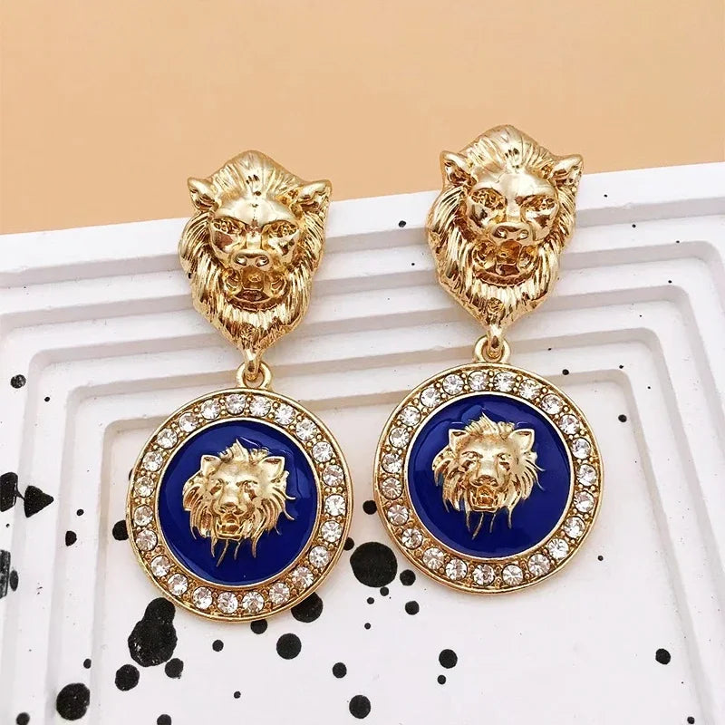 Punk Embossed Lion Head Drop Gold-plated Zircon Gothic Earrings