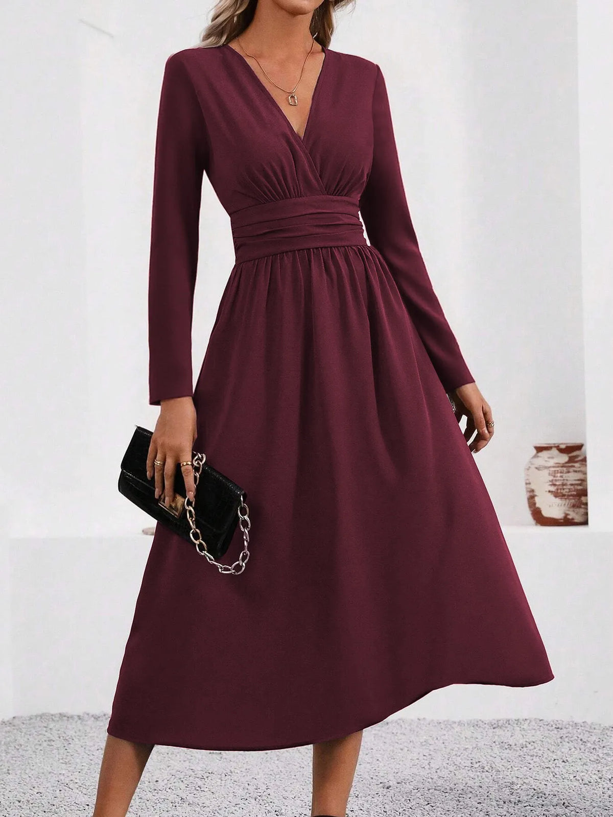 Elegant V-Neck Long Sleeve with Waist Shirring Bodycon Long Maxi Dress