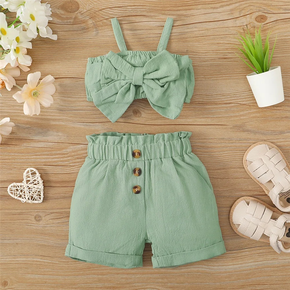 Infant Big Bow Sleeveless Suspender Top+Shorts Toddler 3-24 Months Set
