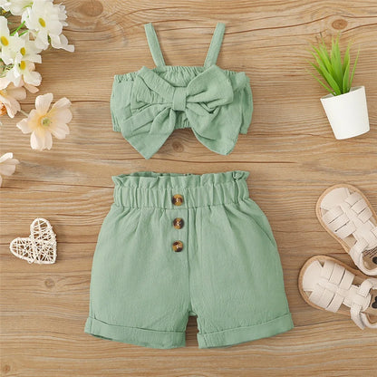 Infant Big Bow Sleeveless Suspender Top+Shorts Toddler 3-24 Months Set