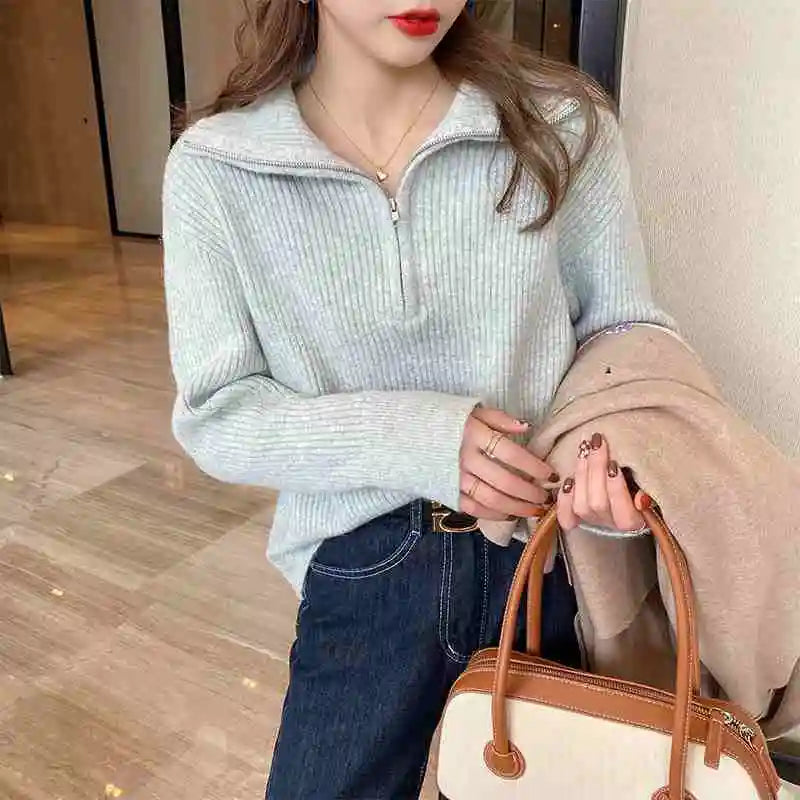 Knitted Long Sleeve Turn Down Collar Knit Sweater Pullover