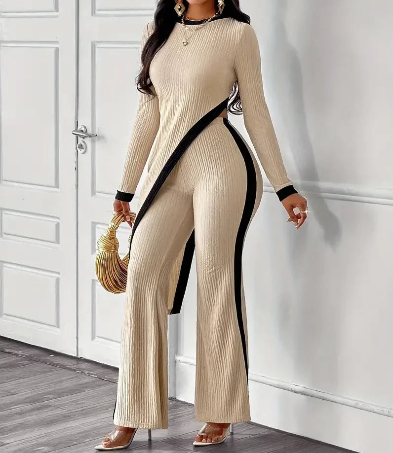 Ribbed Knit Long Sleeve Cutout Side Slit Top Contrast Strip Flare Outfit Set